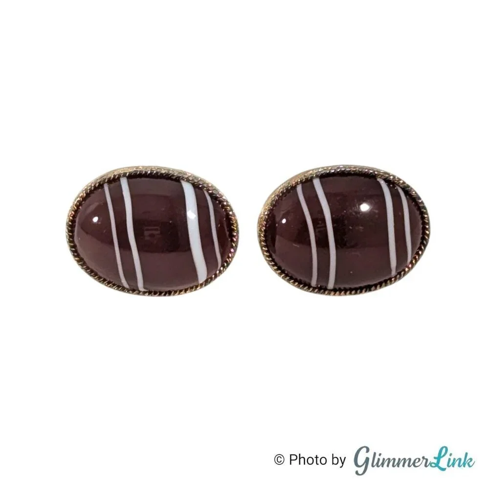 Vintage Dante Maroon Glass Cabochon White Stripe Gold Tone Cufflinks